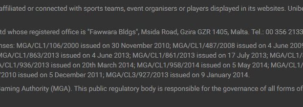 Unibetin sivuilta löytyy tiedot lisenssin numerosta ja mihin yhtiö on rekisteröity. Tämä kuvaa läpinäkyvyyttä.