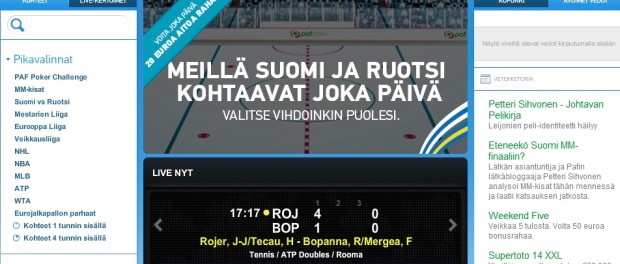 Kuvassa PAF vedonlyönnin selkeä aloitussivu